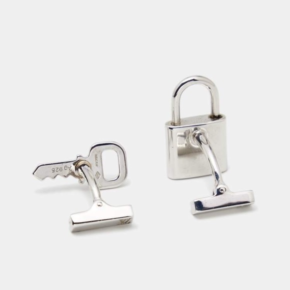 ☘️NEW Louis Vuitton Silver Lock & Key Cuff Links + Damier Ebene Case & Dust Bag - Picture 10 of 14